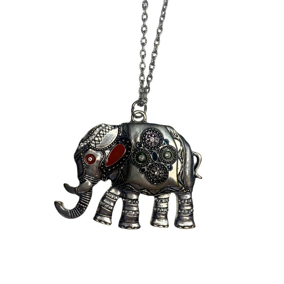 Silver Tone Elephant Pendant Long Necklace Colorful Indian Ganesha Hindu - Picture 3 of 8